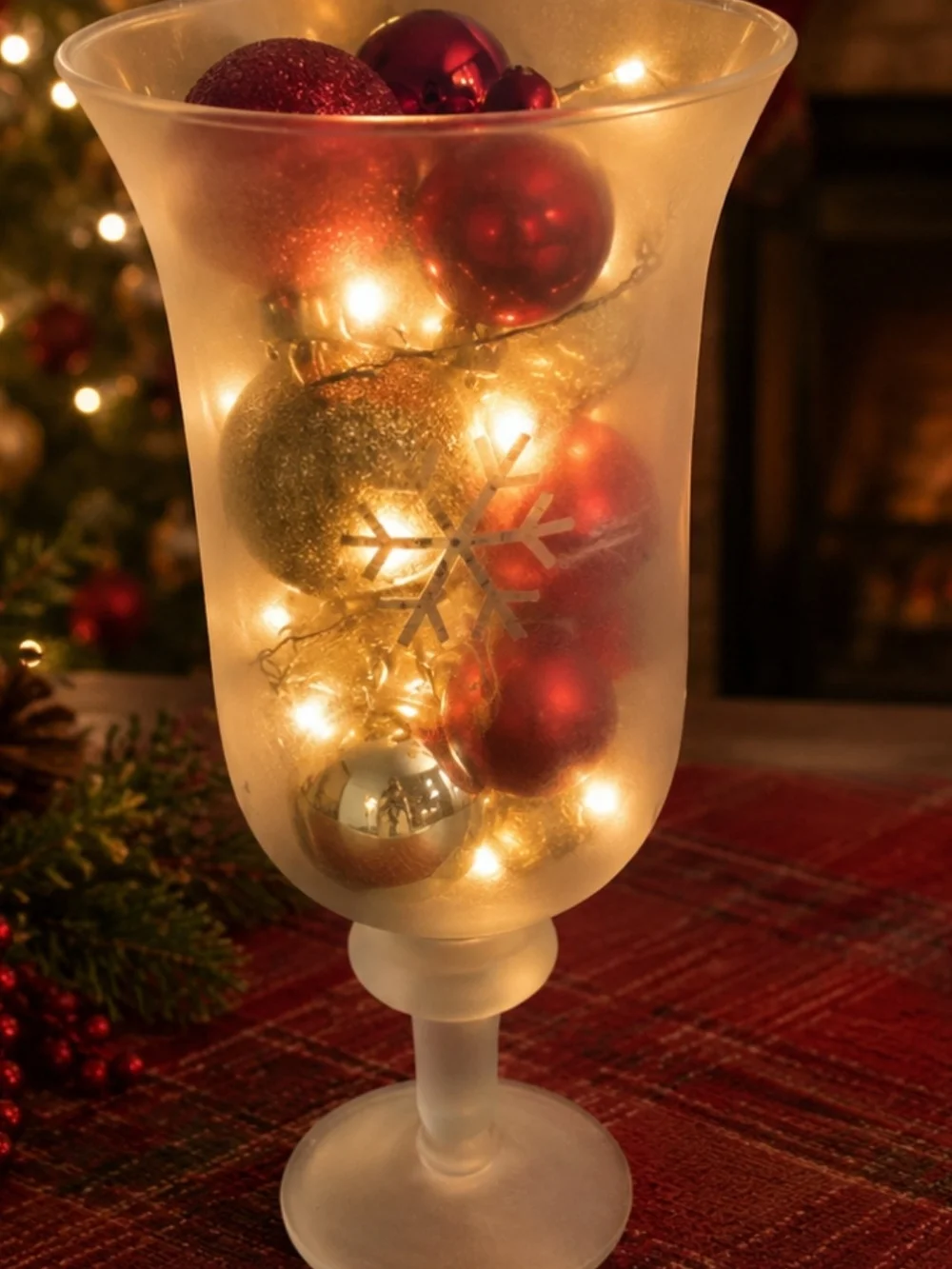 Frosted Glass Holiday Hurricane Vase with Snowflakes